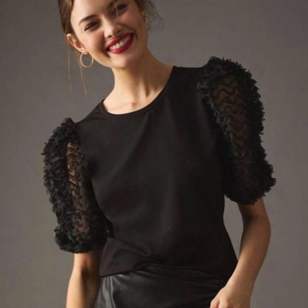 Anthropologie Black Textured Sleeve Blouse